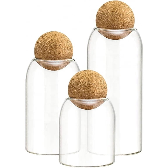3 Pcs Glass Jars with Cork Ball Lid Set Kitchen Food Terrarium Airtight Clear Storage Canisters with Wooden Lids for Cookie Candy Coffee Bean Spice Sugar Rice