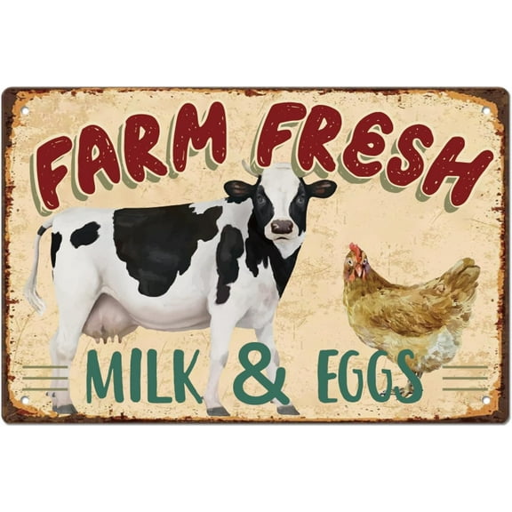 Farm Fresh Tin Sign Cow Chicken Vintage Metal Tin Signs Funny Wall Art Painting Iron Decor for Dining Room Farmhouse Kitchen Pantry Outdoor Wooden Fence Decoration