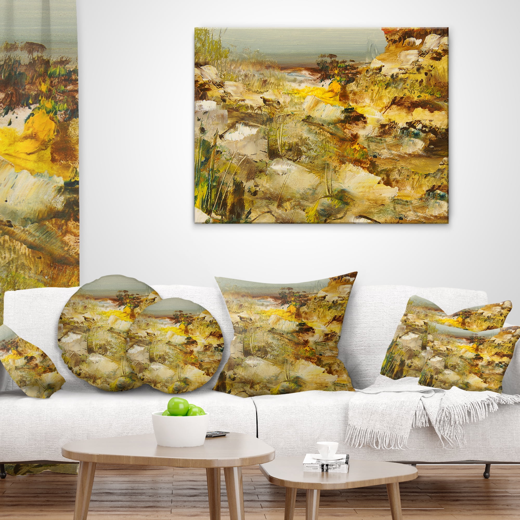 Designart Yellow Stones Heavily Textured - Landscape Painting Throw Pillow - 18x18