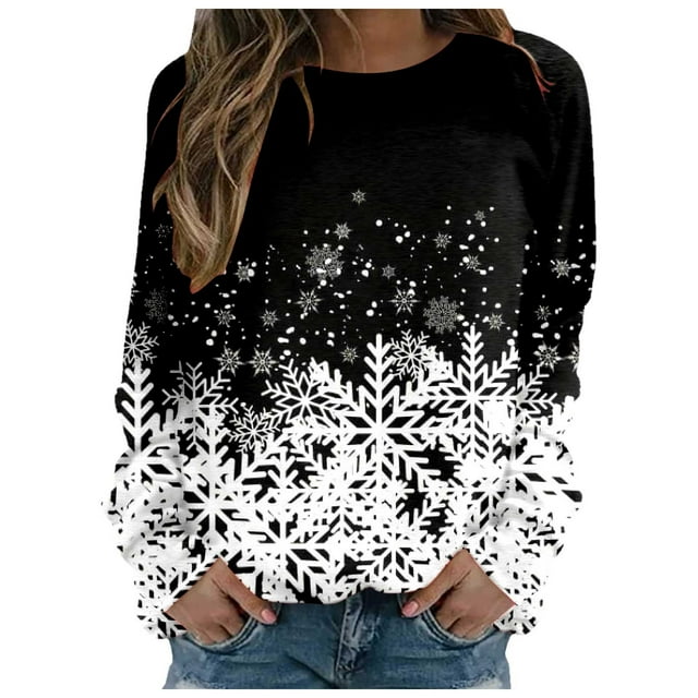 EHQJNJ Chandails en Molleton à Col Rond pour Femmes, Imprimé Graphique de Noël, Pull à Col Rond, Manches Longues Décontractées, Blouse Ample