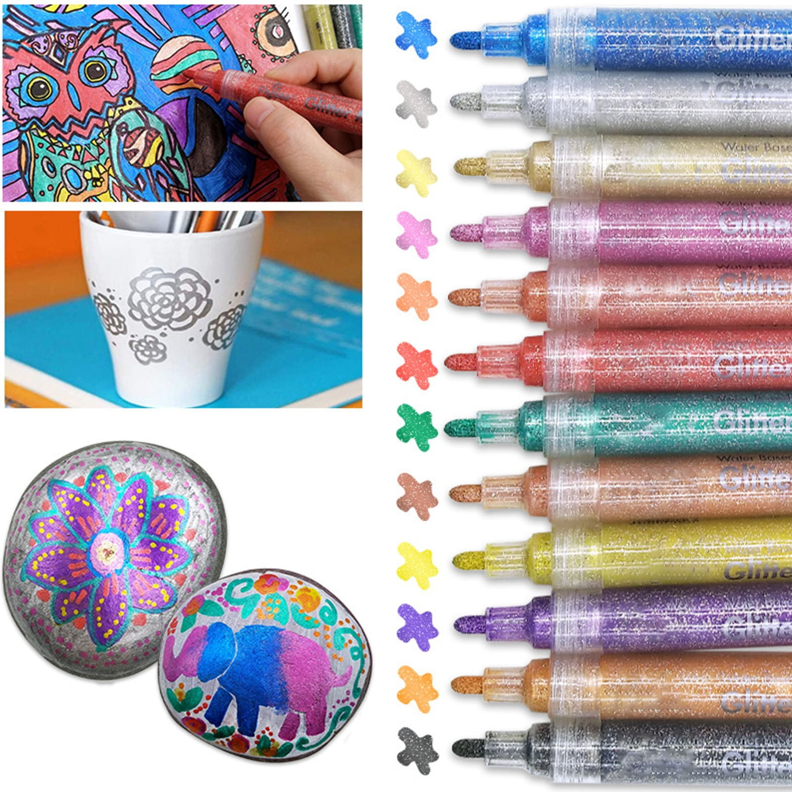 PPKVUFD 12 Glitter Paint Pens for Glass Marking, Rock Painting, Ceramic, Wood, Fabric, Scrapbooking, DIY Craft Making, Coloring - Acrylic Paint Markers Medium Tip 3mm