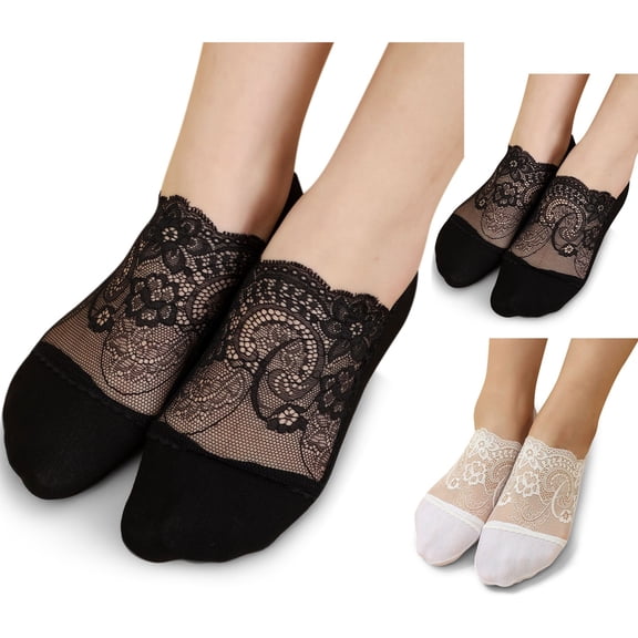 LSQii Womens Mens Socks Casual LightWeight Thin Lace Floral Summer Low Cut Socks Non Slip Flats Hidden Invisible Liner Boat Trendy Black,Under $3
