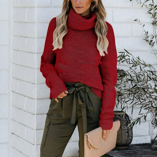 Puntoco Suéter Y Blusa Informal De Cuello Alto De Invierno para Mujer Blusa Tejida Sin Espalda Manga Larga Tops Sólidos Suéteres Liquidación De Navidad Puntoco Puntoco-4880