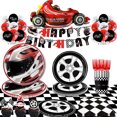 thumbnail image 5 of Vajilla desechable para fiesta temática de motocicleta y coche de carreras, mantel blanco y negro, platos, tazas, decoración para fiesta de cumpleaños de niños, 5 of 5