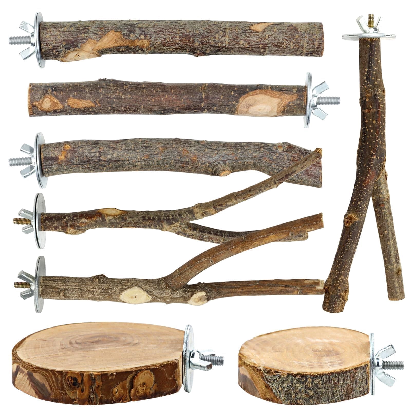 8 PCS Natural Bird Perch Set - Apple Wood Platforms & Hardwood Branches for Parakeets, Cockatiels, Lovebirds - Natural Cage Accessories, Gym Playstand & Chewing Toys for Small Birds