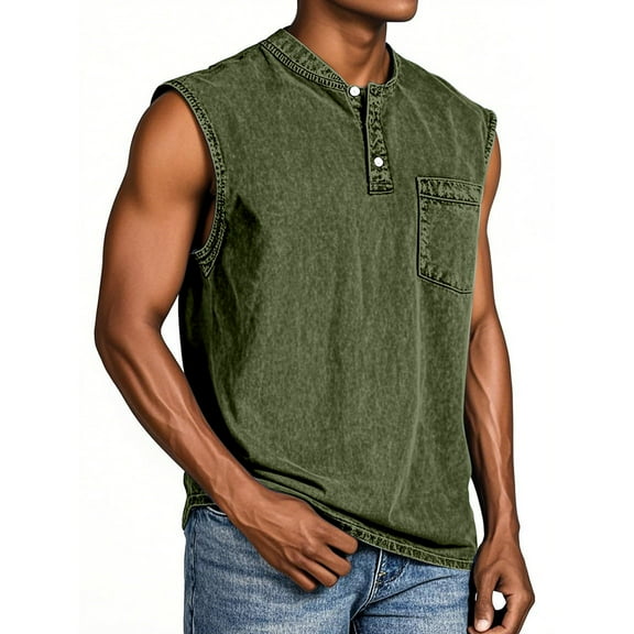ADSSDQ Tank Tops Men Big and Tall Henley Shirts Sleeveless Muscle Gym Workout Running Beach Summer Quick Dry Button Up Biker Tee Vest with Pocket Army Green L