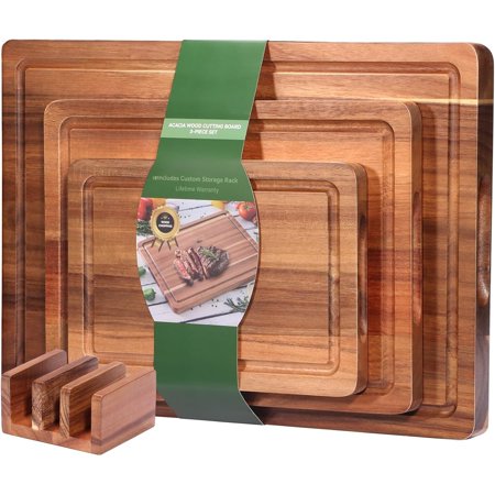 Acacia Wood Cutting Board,Solid Wood Cutting Board for Kitchen with Holder with Deep Juice Grooves & Built-in Handles, Durable Wooden Chopping Board Set of 3 for Meat, Vegetables and Fruits