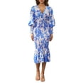 thumbnail image 3 of hirigin Women's Smocked Floral Bodycon Midi Dress Long Puff Sleeve Empire Waist V Neck Ruffle Pencil Mermaid Cocktail Dresses, 3 of 9