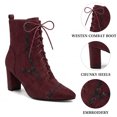 thumbnail image 3 of BLISSFUL STEP Embroidered Lace-Up Pointed Toe Block Heel Vintage Ankle Boots for Women Burgundy 6, 3 of 8