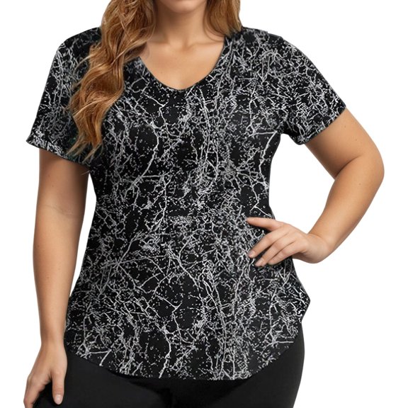 Women's T-Shirts Women's Print V Neck Short Sleeve T Shirt Women's Plus Size Sports Top Loose Fit for Casual Active Black XXL