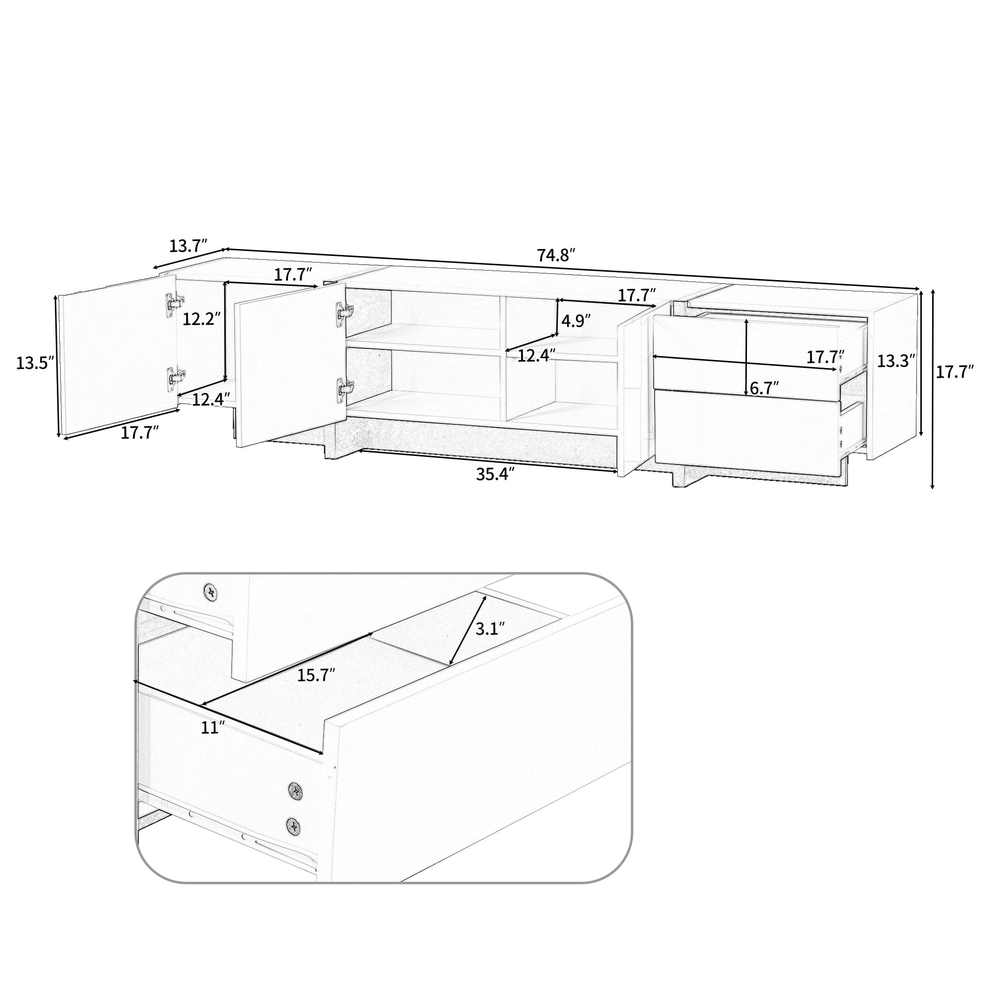 DEALTOPS Modern White & Black High Gloss UV Surface TV Stand with Large Storage Space for TVs up to 80'' - White