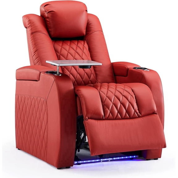 Weilianda Home Theater Seating Top Grain Leather Recliner Chair Dual Power Movie Gaming Sofa Electric Headrest with Tray Table Type-C USB Charge Cup Holders (Row of 1, Red)
