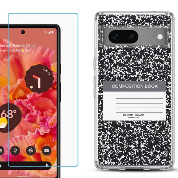 Slim-Fit Gel TPU Phone Case for Google Pixel 7, with Tempered Glass Screen Protector, by OneToughShield ® - Composition Book