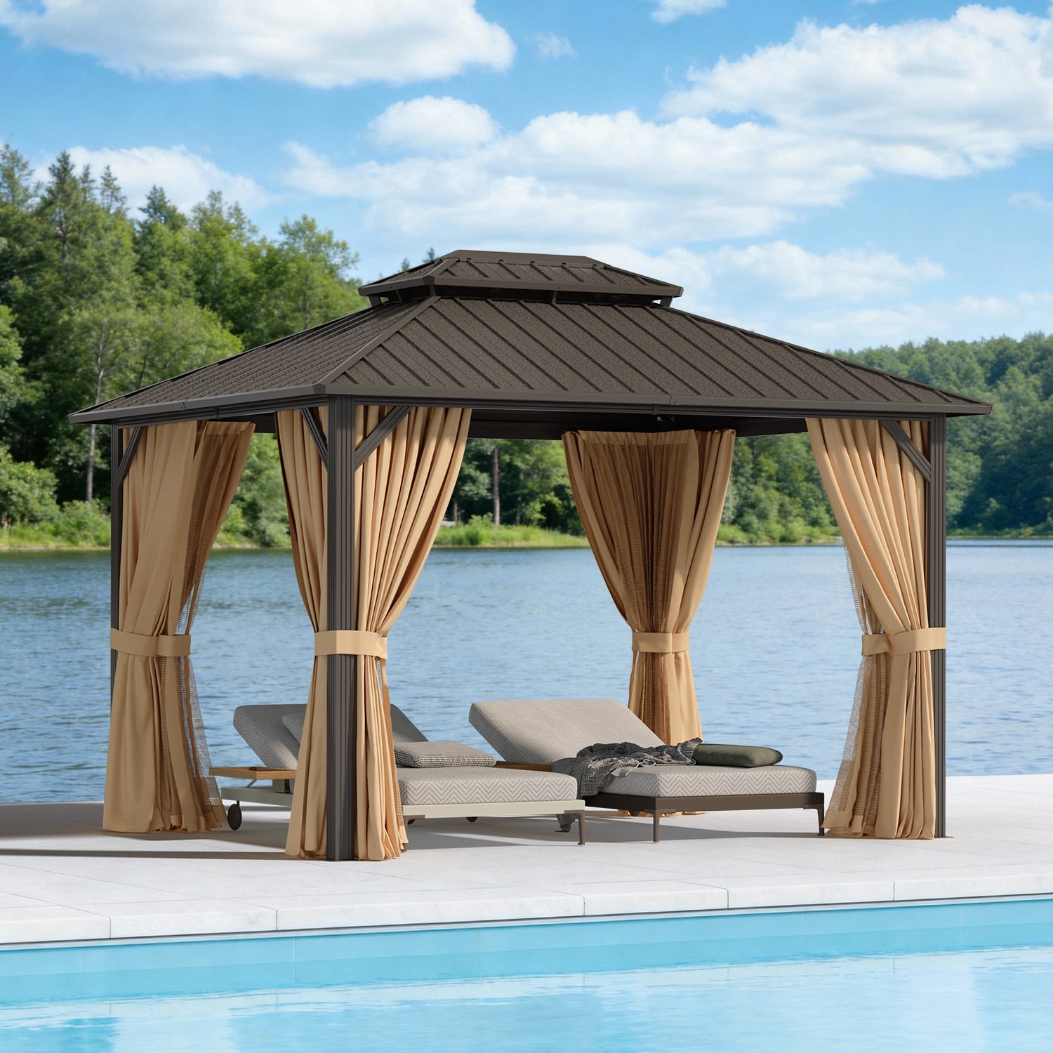 BaPiPro 12'x10' Hardtop Gazebo, Heavy Duty Galvanized Steel Double Roof, Permanent Outdoor Pavilion Metal Gazebo with Netting and Curtains, for Patio, Garden, Brown