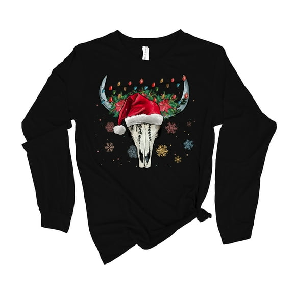 Womens Christmas Tshirt Steer Skull Christmas Lights Holiday Festive Ladies Long Sleeve T-shirt Graphic Tee-Black-4xl