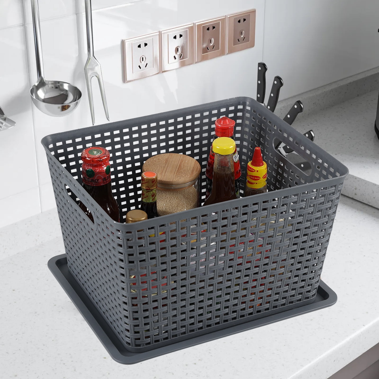 Ggbin 6-Pack Large Plastic Weave Storage Basket with Lid, Grey Storage Basket Bins