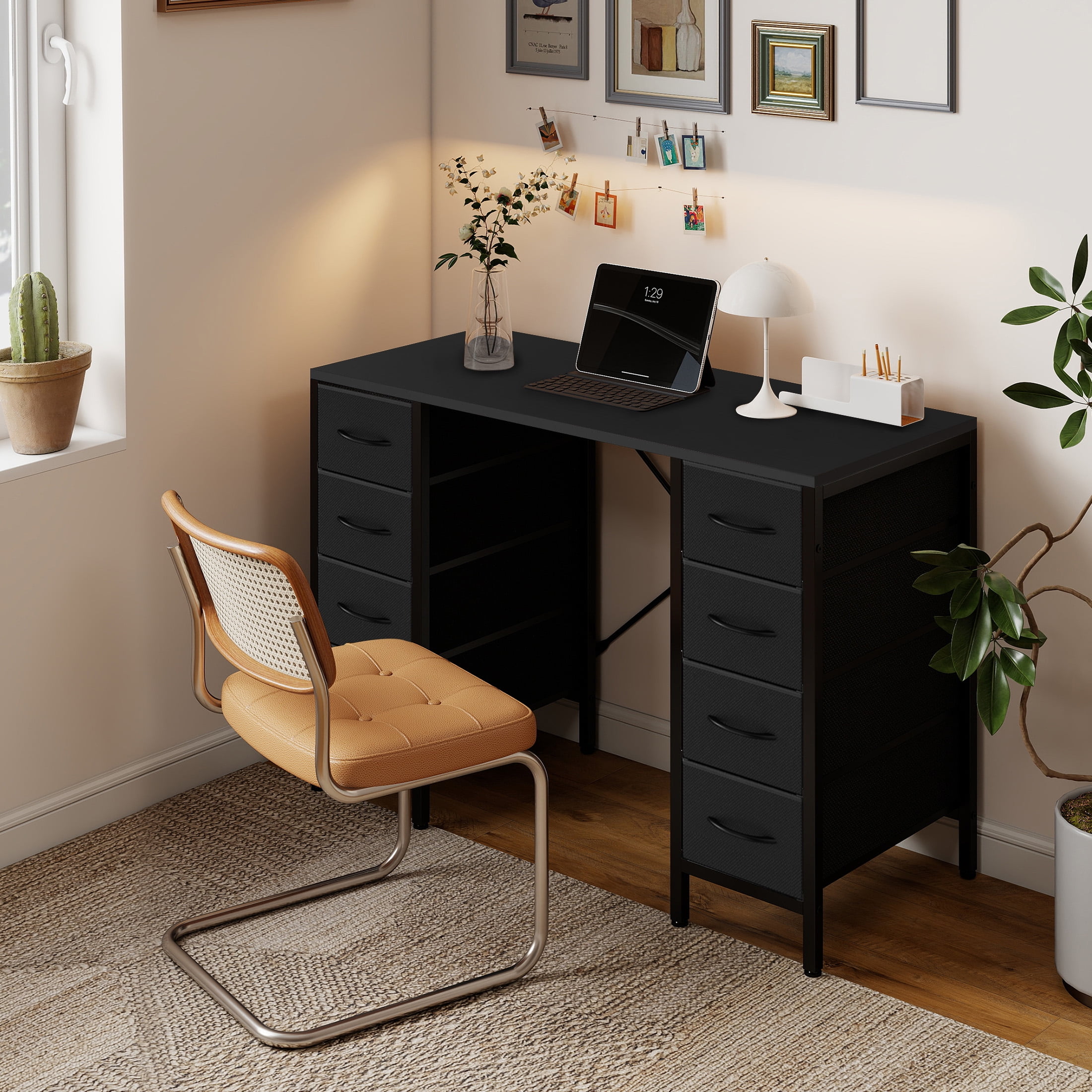 EDX 47 Inch Computer Desk with 8 Fabric Drawer, Home Office Desk with Power Outlets, Large Storage,Black