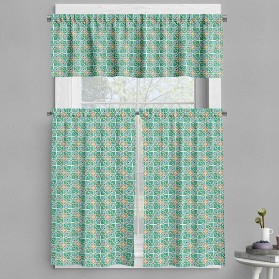 Ambesonne Teal and White Valance & Curtain, Floral Moroccan, 55"x24", Multicolor