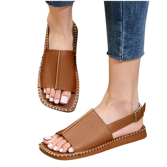 Flat Sandals for Women Slingback Open Square Toe Split Joint Leather Retro Elegant Non Slip Comfortable Beach Summer Slide Sandals Brown