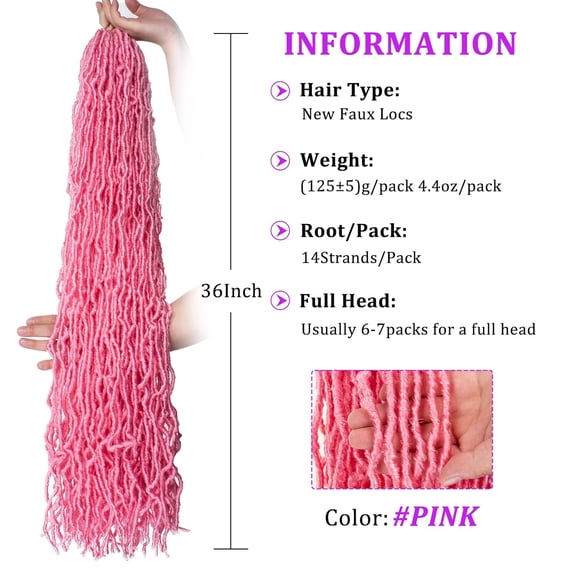 FGERFE-Pink 36 Inch New Faux Locs Hair 3Packs Pre-Looped Goddess Locs Curly Wavy Soft Locs Crochet braids Dreadlocs Hair Afro Roots Synthetic Hair Extensions (36 Inch, PINK#)