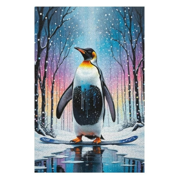 Puzzles for Adults 300 Pieces - Penguin Standing Snow With Colorful Forest Funny Puzzles Educational Games Gift for Birthday Christmas Halloween