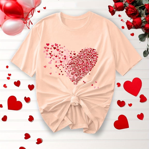 Purcolt Valentine's Shirts for Women Love Heart Round Neck T Shirt Valentines Clothing Valentines Gift Casual Tops