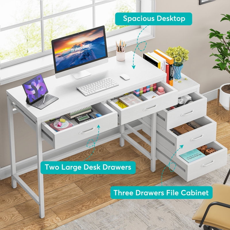 Tribesigns Computer Desk with 5 Drawers, Home Office Desks with Reversible Drawer Cabinet Printer Stand, Industrial PC Desk with Storage, Rustic Study Writing Table Workstation for Small Spaces