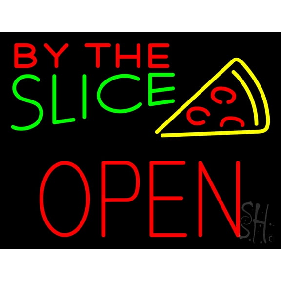 By the Slice Block Open LED Neon Sign 15 x 19 - inches, Clear Edge Cut Acrylic Backing, with Dimmer - Bright and Premium built indoor LED Neon Sign for restaurant window and interior decor.
