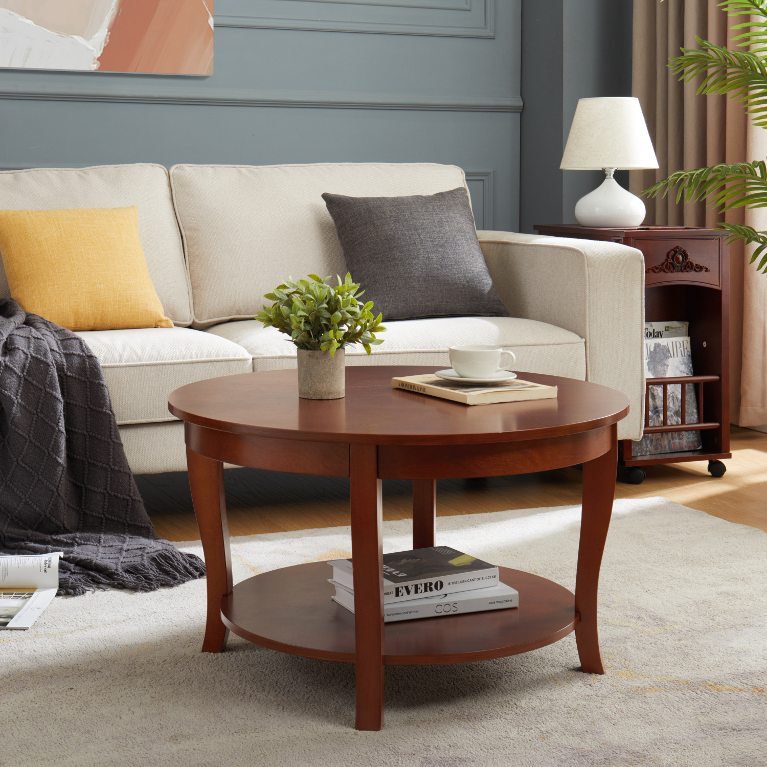 Traditional Round Coffee Table with Open Storage Shelf