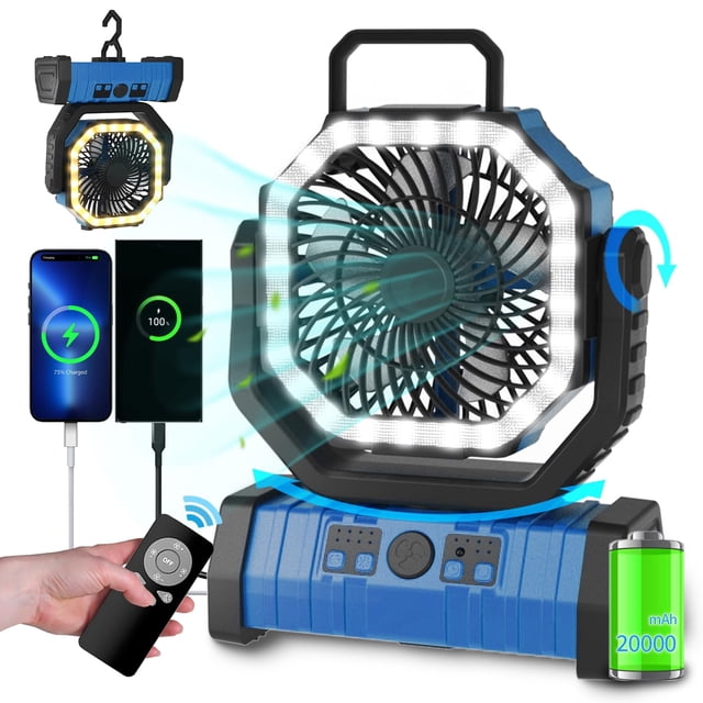 ADUST Ventilador de camping portátil con luz LED – 20000 mAh recargable, oscilante con rotación de 360 grados, gancho para colgar para tiendas de campaña, ventilador de escritorio USB