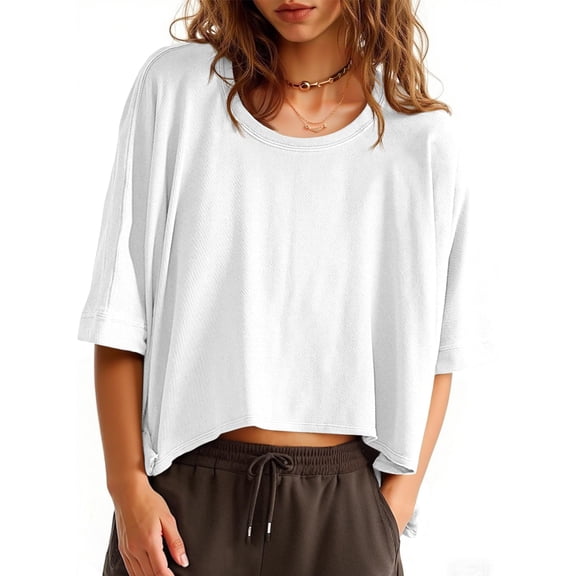 Oversized T-Shirts Womens Cropped Casual Short Sleeve Loose Fit Tee Tops