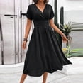 thumbnail image 2 of Rvasteizo Midi Dress Solid V Neck Short Sleeve Waist Cinched A Line Light Summer Casual Wear, 2 of 5