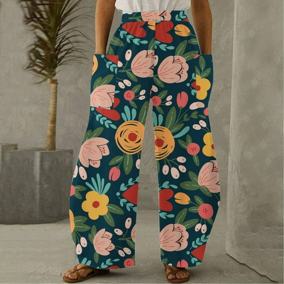 Linen Pants Women Summer and Autumn 2023 Casual Printing Pockets Elastic Mid-Waist Plus Size Comfortable Wide-Legged Loose Pants
