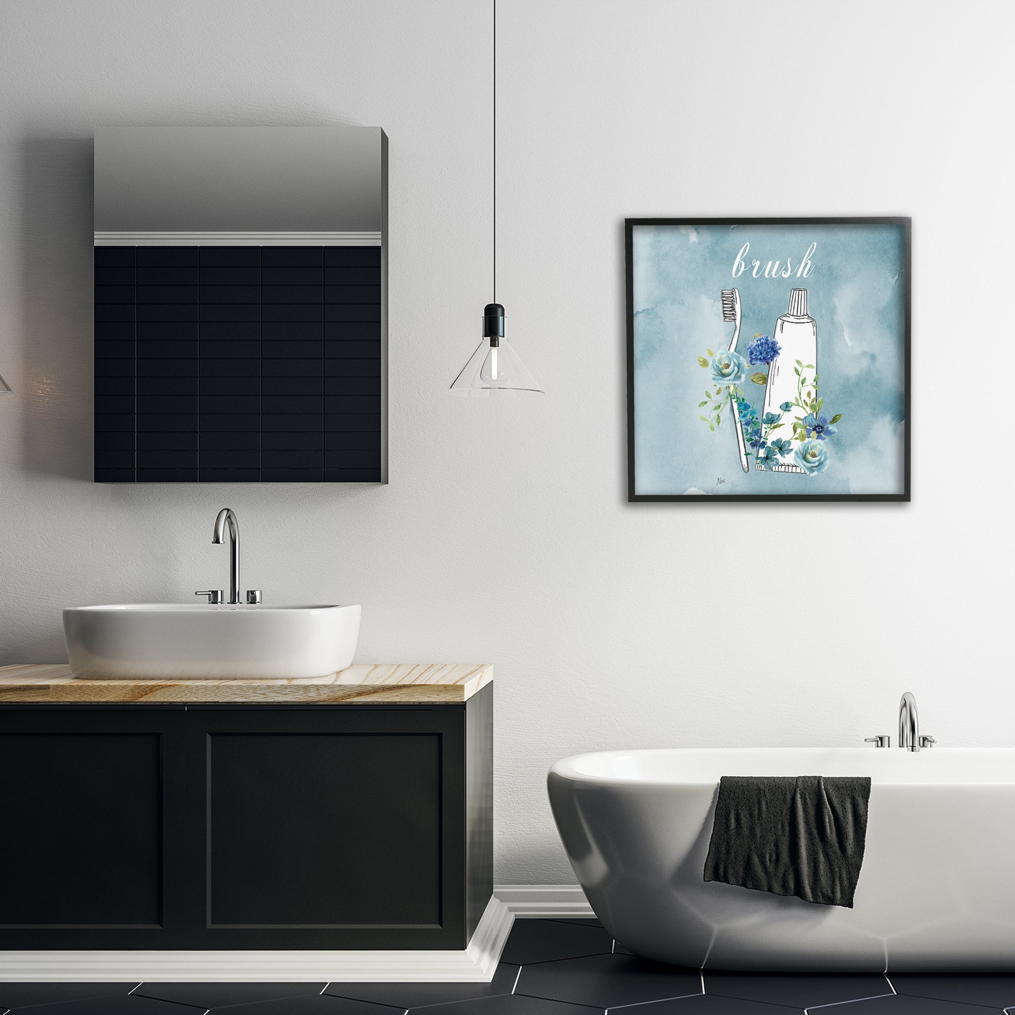 Stupell Industries Floral Bathroom Rules Brush Black Framed Giclee Art, design by Nan