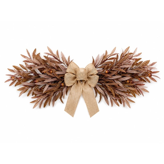 Artificial Fall Olive Leaf Swag with Burlap Bow, 23.6" Farmhouse Autumn Wreath for Front Door,Wall,Mantel and Table Decor