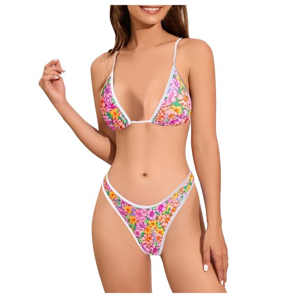 Women High Waisted 2 Piece Bikini Set Cheeky High Cut Bandeau Swimsuit(Z03-Pink,S)