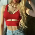 thumbnail image 2 of Top corto sin mangas estilo desgastado cuello en U Color puro ajustado transpirable entrenamiento Crop Top para fiesta de gimnasio en casa, 2 of 7