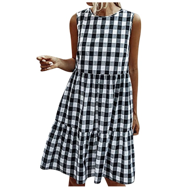 Robe Babydoll Décontractée d'Été Sans Manches pour Femmes, Col Rond, Fluide, à Volants, en Coton et Lin, Robe Débardeur, Robe à Carreaux avec Poches