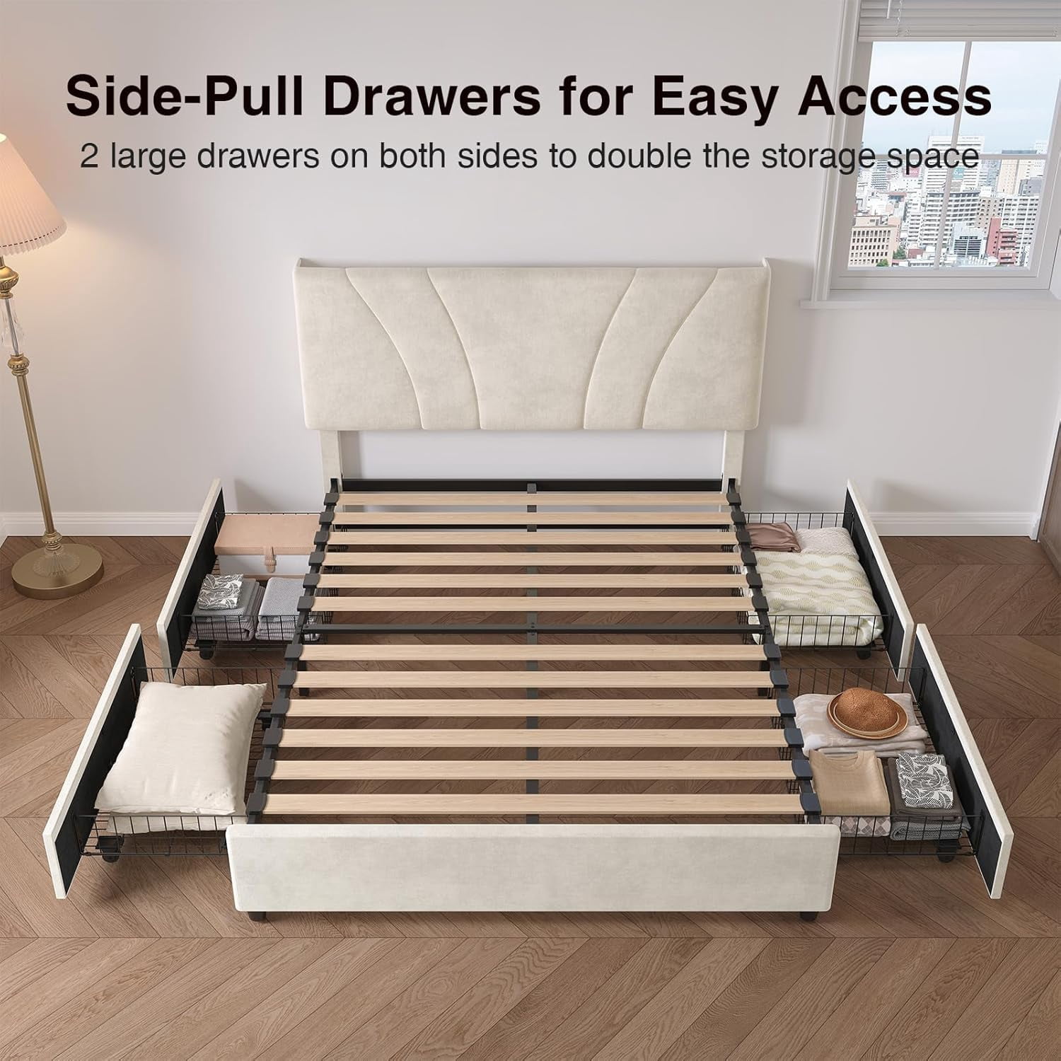 Novilla Queen Size Bed Frame, Queen Bed Frame with Headboard, Queen Bed Frame with Drawers, LED Bed Frame Queen Size, Charging Station and Adjustable Headboard, No Box Spring Needed, White Velvet
