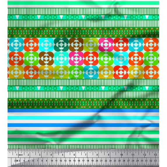 Soimoi Georgette Viscose Fabric Stripe & Floral Ethnic Print Fabric by Yard 42 Inch Wide
