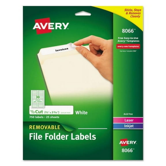 Avery Removable File Folder Labels with Sure Feed Technology, 0.66 x 3.44, White, 30/Sheet, 25 Sheets/Pack
