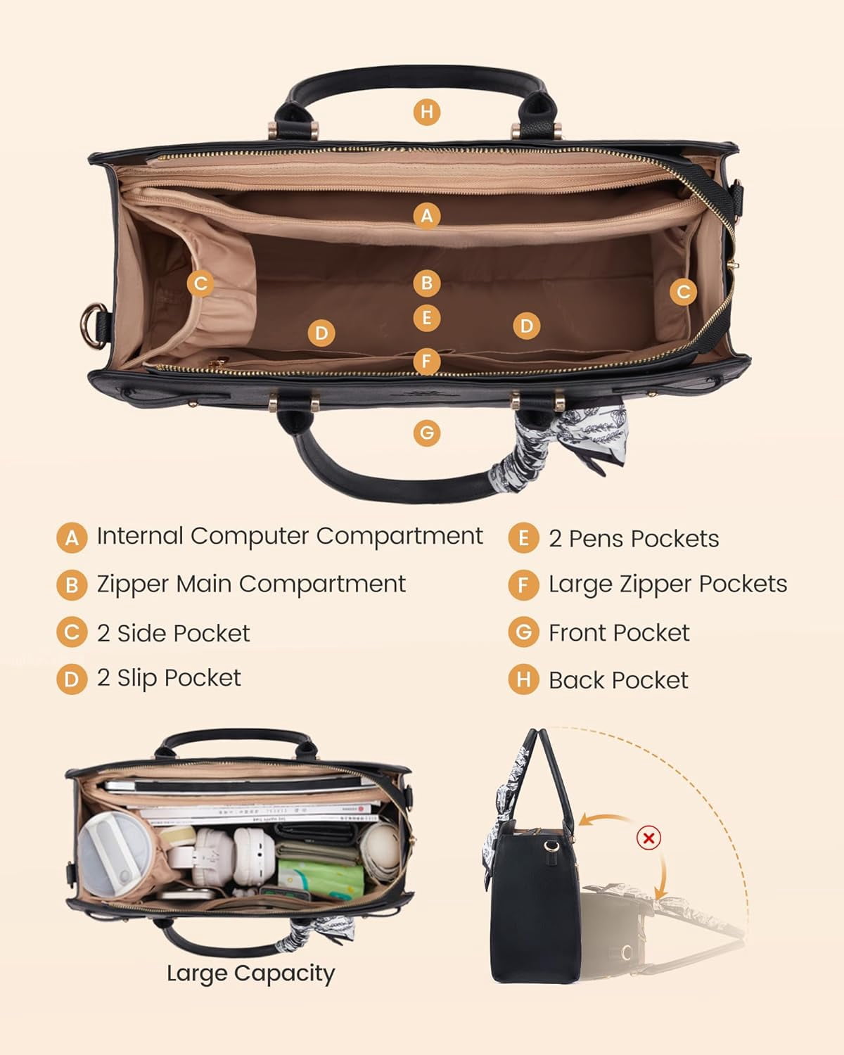 LOVEVOOK Laptop Tote Bag for Women, PU Leather Work Bag Waterproof Briefcase Handbag for Teacher Business with Silk Scarf