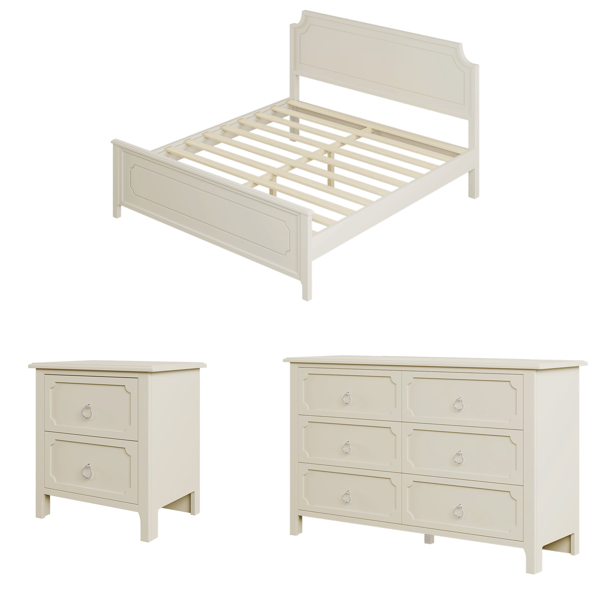 Resenkos 3 Pieces Solid Wood Bedroom Furniture Set King Size Platform Bed, Nightstand and Dresser Milky White Resenkos 3 Pieces Solid Wood Bedroom Furniture Set King Size Platform Bed, Nightstand and Dresser Milky White