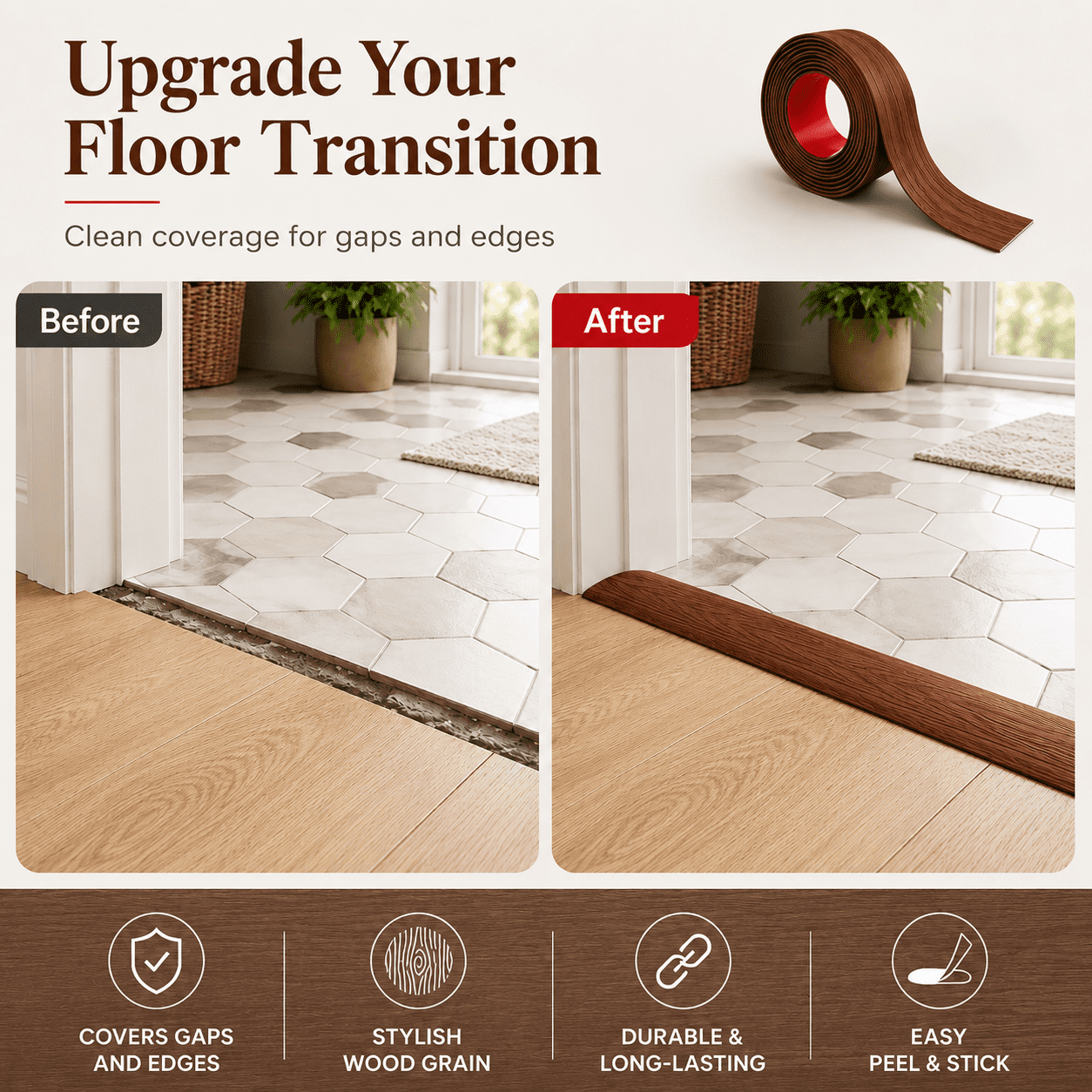 Yeslife 1 pc Self Adhesive Floor Transition Strip, 10 ft x 1.57 in, Cherry Vinyl, Flexible Waterproof Gap Cover for Laminate, Tile and Carpet Flooring