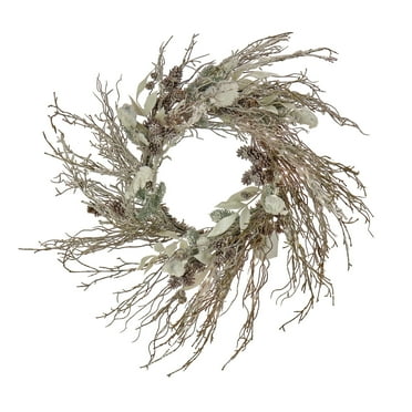 National Tree Company Pre-Lit Artificial Christmas Wreath, White, Alpine Snow, Flocked, White Leaves, Pine Cones, 150 Warm White LED Lights, Remote Control, 24 Inch