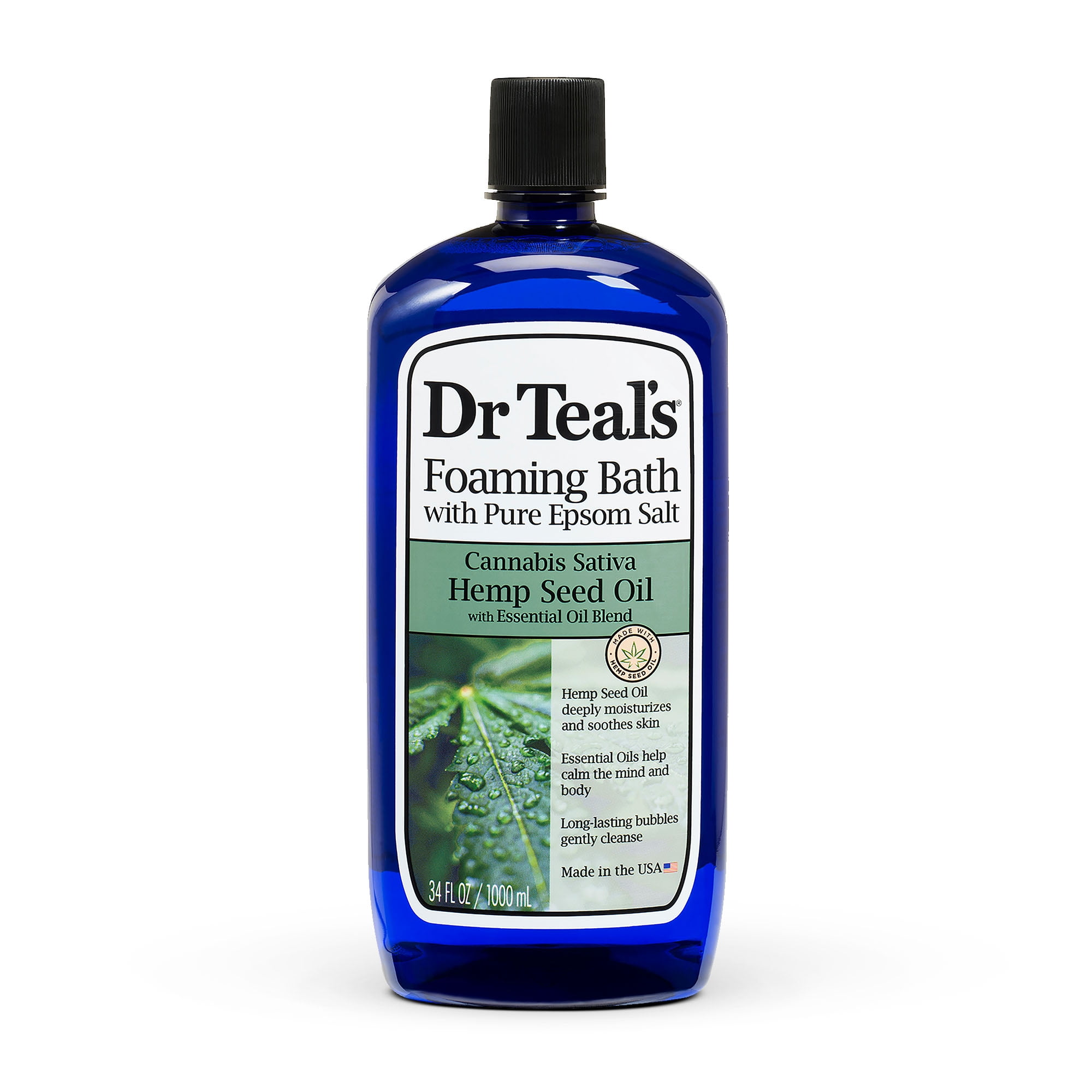 Dr Teal's Foaming Bath with Pure Epsom Salt, Cannabis Sativa Hemp Seed Oil with Essential Oil Blend, 34 fl oz.