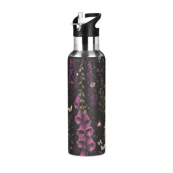 Yayeee 20oz Insulated Water Bottle Double Wall Stainless Steel with Flip Straw Lid, Dark Purple Floral Pattern