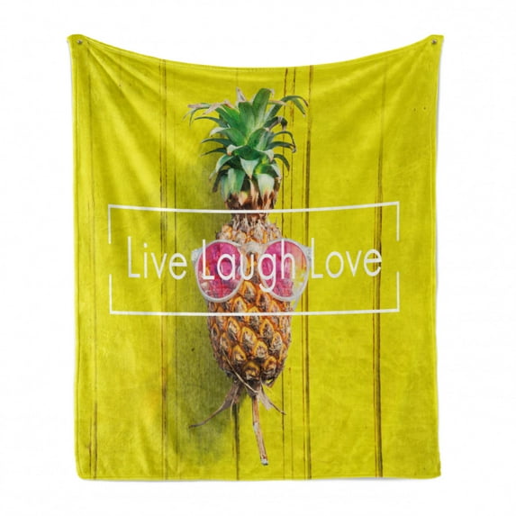 Live Laugh Love Soft Flannel Fleece Blanket, Tropical Pineapple Fruit with Sunglasses on Yellow Wood Board Joyful Print, Cozy Plush for Indoor and Outdoor Use, 60" x 80", Multicolor, by Ambesonne