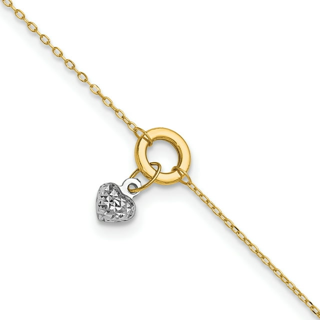 14k Two Tone Gold Circle Heart 9 Inch Plus 1 Anklet Ankle Bracelet Love Puffed