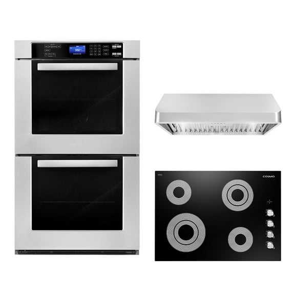 Cosmo 3 Piece Kitchen Appliance Package With 30" Electric Cooktop 30" Under Cabinet Range Hood 30" Double Electric Wall Oven Kitchen Appliance Bundles